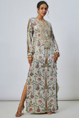 Mehuish Ochre Forest Whisper  Embroidered Yoke Kaftan