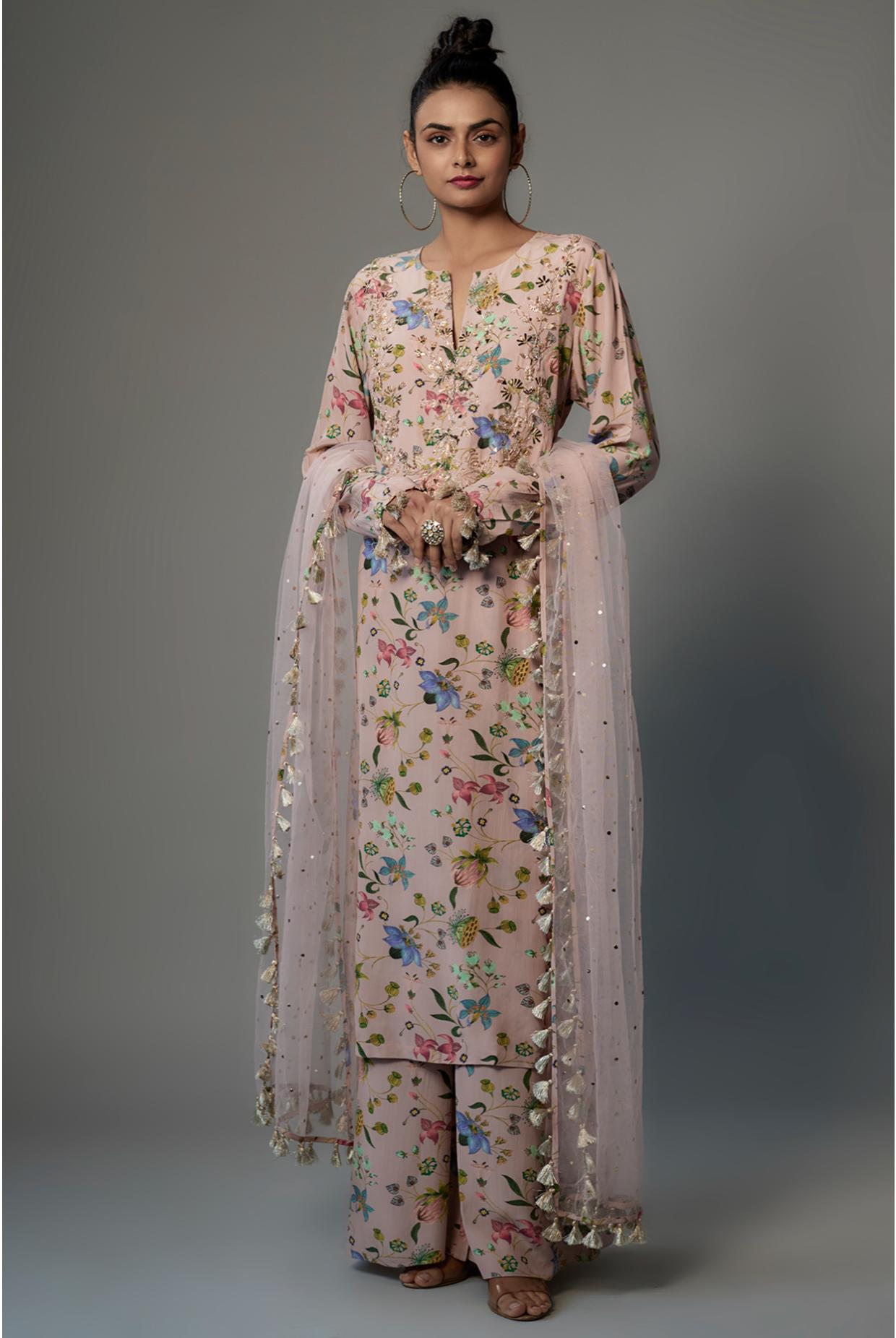 Rose pink nargis print crepe  kurta with palazzo dupatta