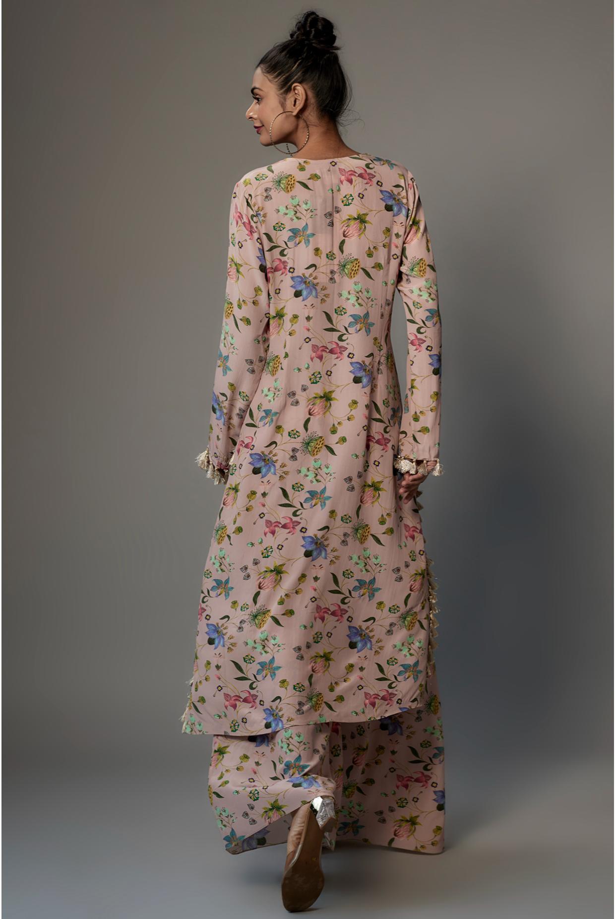Rose pink nargis print crepe  kurta with palazzo dupatta