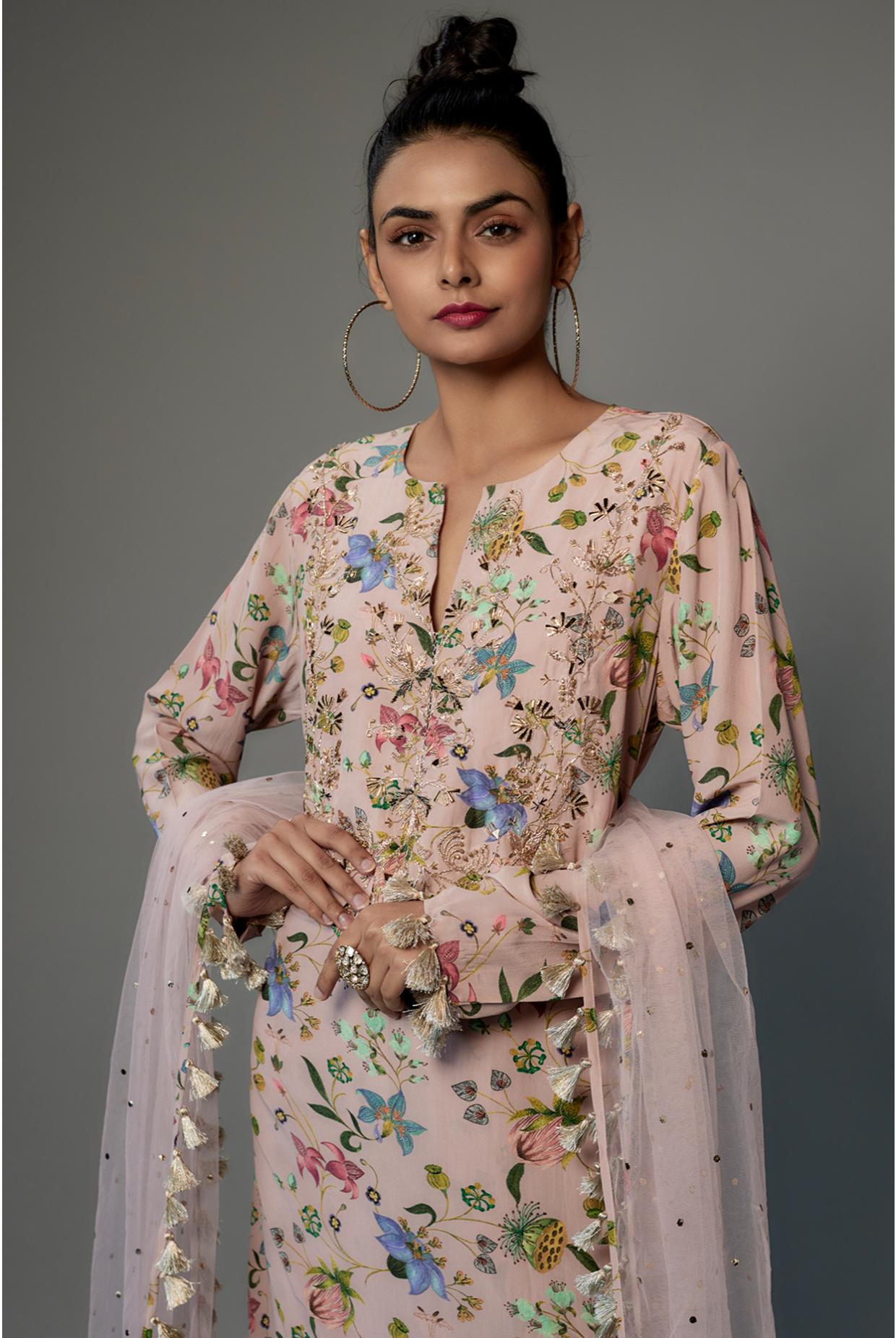 Rose pink nargis print crepe  kurta with palazzo dupatta