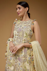 Pale Yellow Embroidered Back Tie-Up Kurta With One Frill Sharara And Dupatta