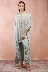 POWDER BLUE EMBROIDERED HIGH LOW KURTA WITH JOGGER PANT