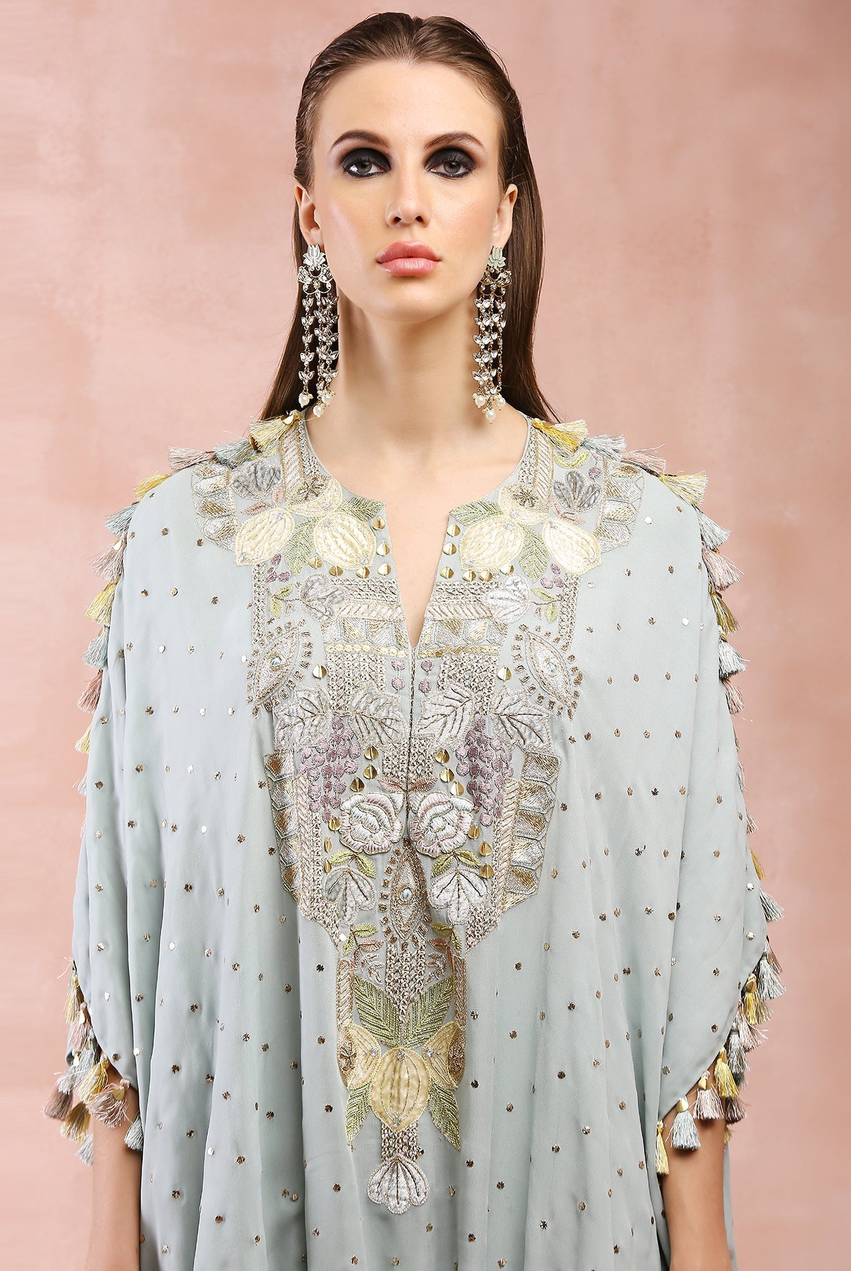 POWDER BLUE EMBROIDERED HIGH LOW KURTA WITH JOGGER PANT