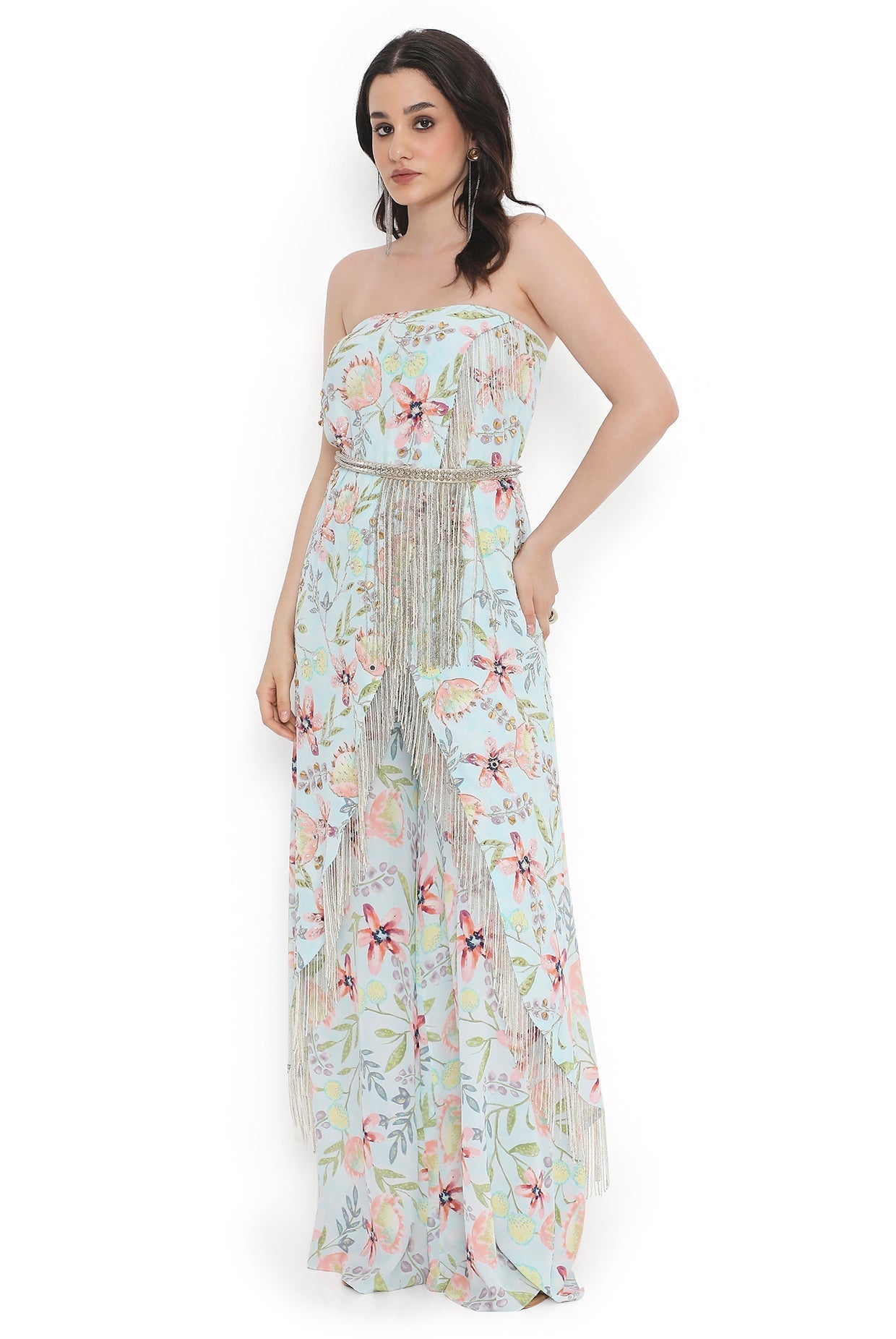 Lavender Embroidered Tube Kurta With Leather Embroidered Belt And Printed Palazzo
