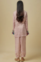 Onion Pink Stripes Chanderi Embroidered Yoke Short Kurta And Jogger Pants With Mukaish Net Dupatta.