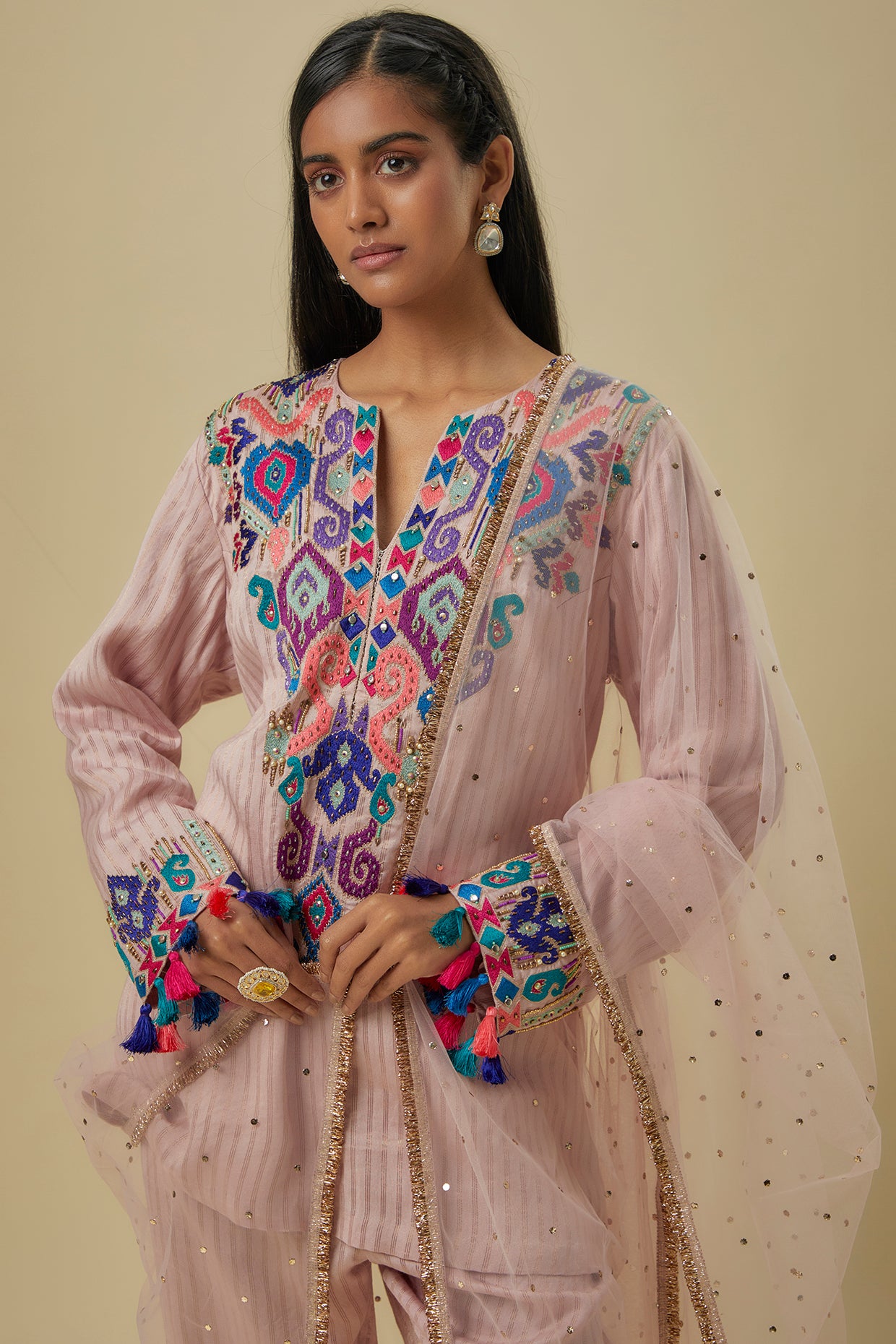 Onion Pink Stripes Chanderi Embroidered Yoke Short Kurta And Jogger Pants With Mukaish Net Dupatta.