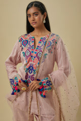 Onion Pink Stripes Chanderi Embroidered Yoke Short Kurta And Jogger Pants With Mukaish Net Dupatta.