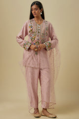 Onion Pink Brocade Butti Embroidered Yoke Kurta And Jogger Pant With Mukaish Net Dupatta.
