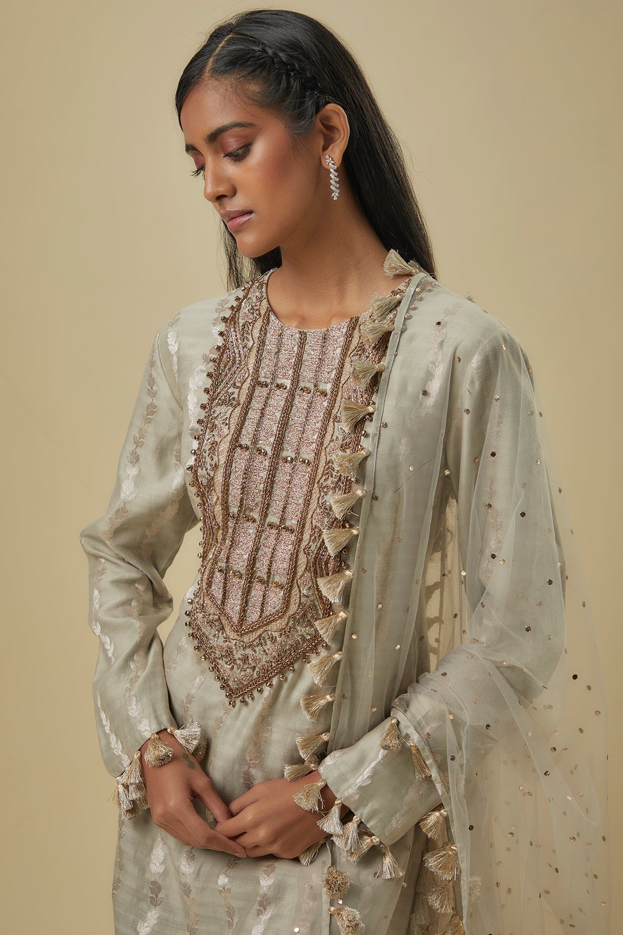 Grey Leaf Brocade Silk Embroidered Yoke Kurta With Palazzo And Mukaish Net Dupattta.