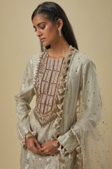 Grey Leaf Brocade Silk Embroidered Yoke Kurta With Palazzo And Mukaish Net Dupattta.