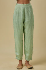 Mint Chanderi Gold Stripe Embroidered Yoke Kurta With Jogger Pants And Net Dupatta.