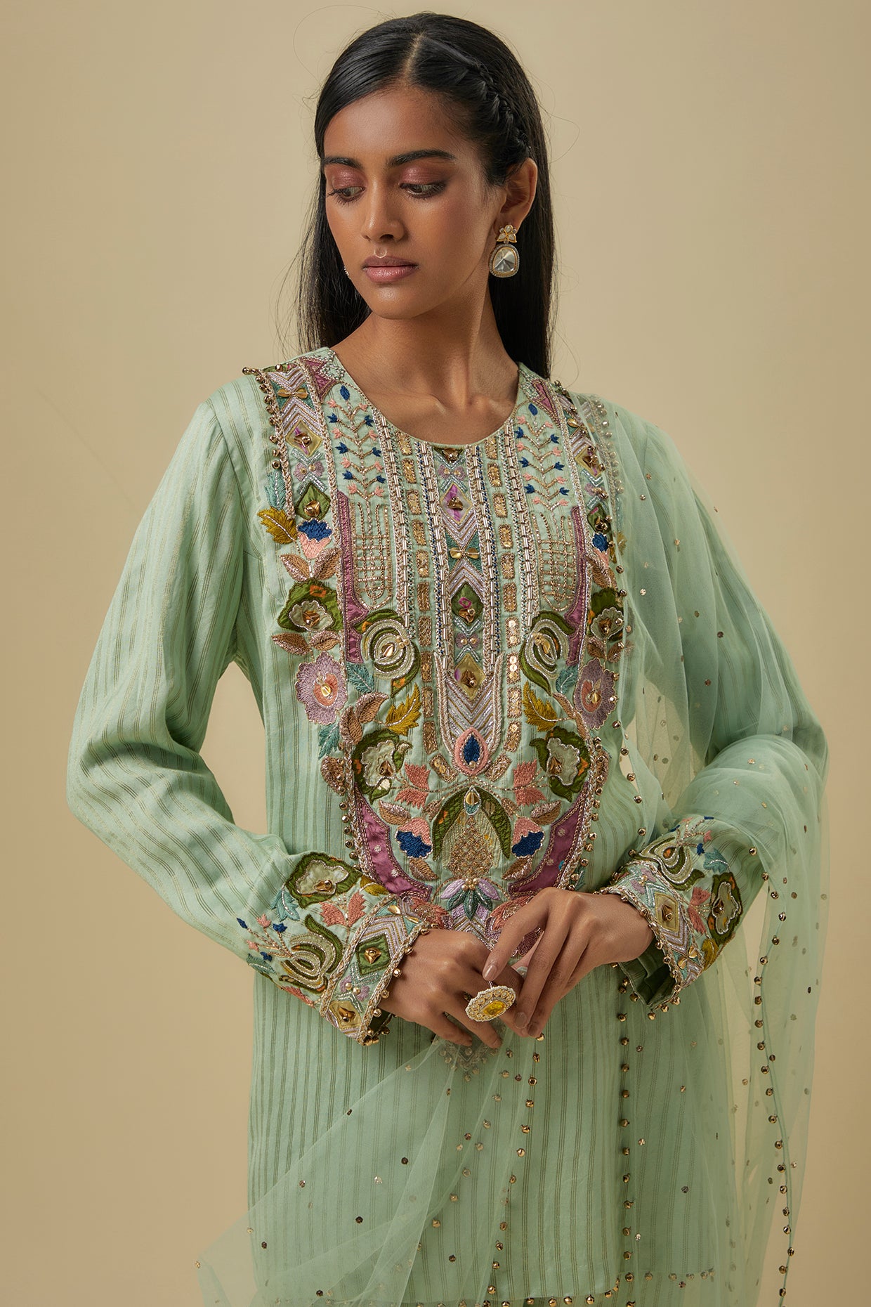 Mint Chanderi Gold Stripe Embroidered Yoke Kurta With Jogger Pants And Net Dupatta.