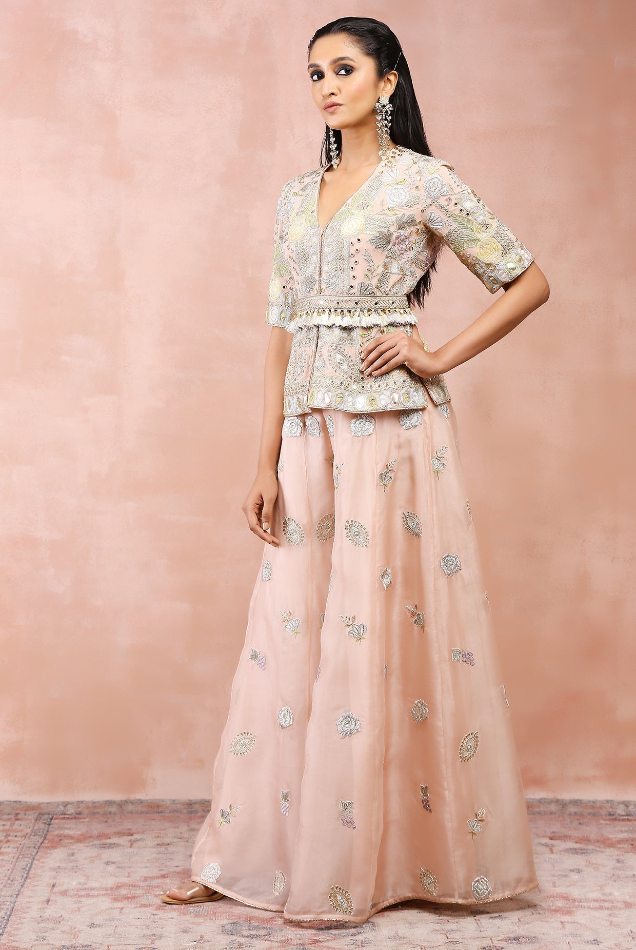 ROSE PINK APPLIQUE EMBROIDERD SHORT KURTA WITH BELT AND ORGANZA SHARARA