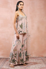 Rose pink niloufar print embroidered kurta with sharara and dupatta