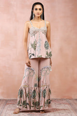 Rose pink niloufar print embroidered kurta with sharara and dupatta