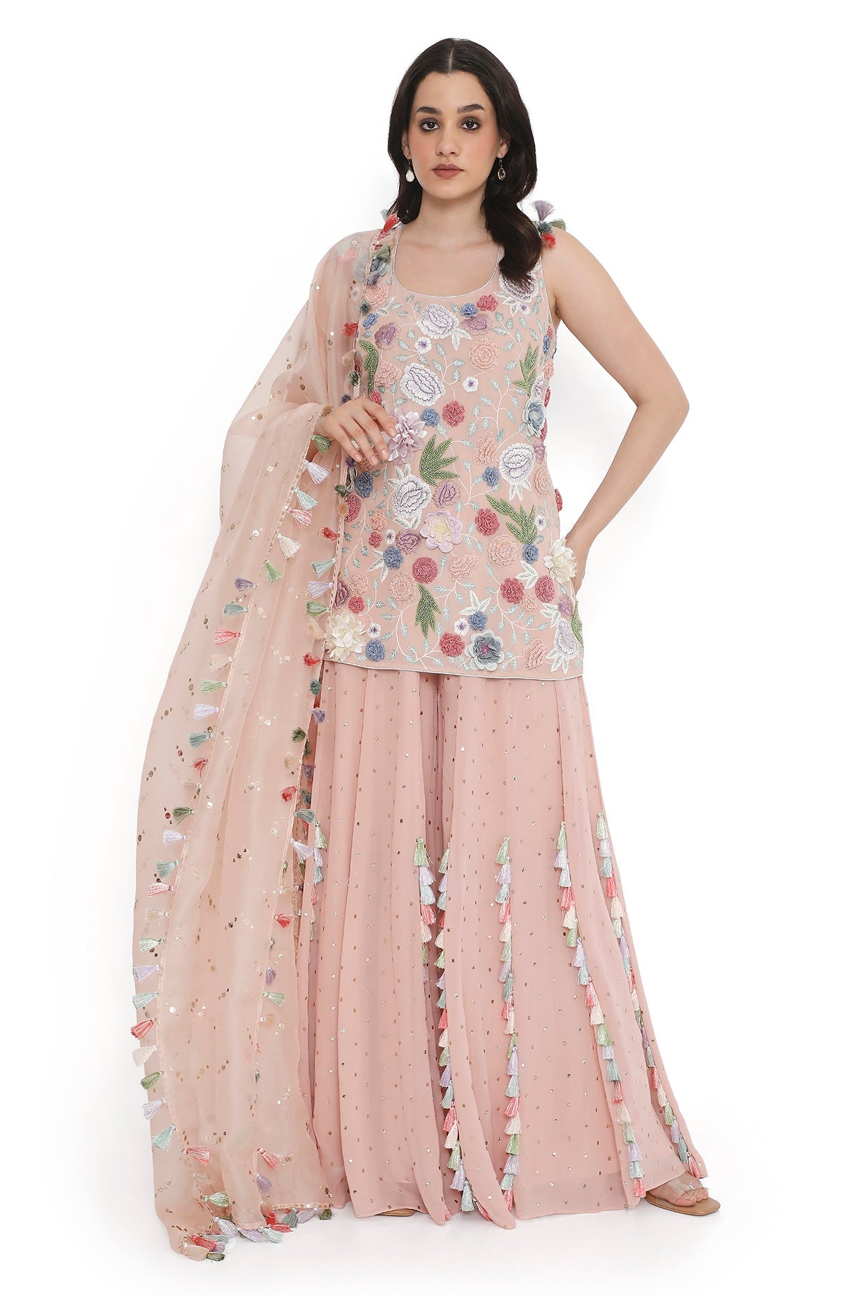 Rose Pink Embroidered Kurta With Sharara And Dupattta