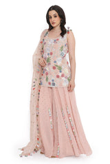 Rose Pink Embroidered Kurta With Sharara And Dupattta