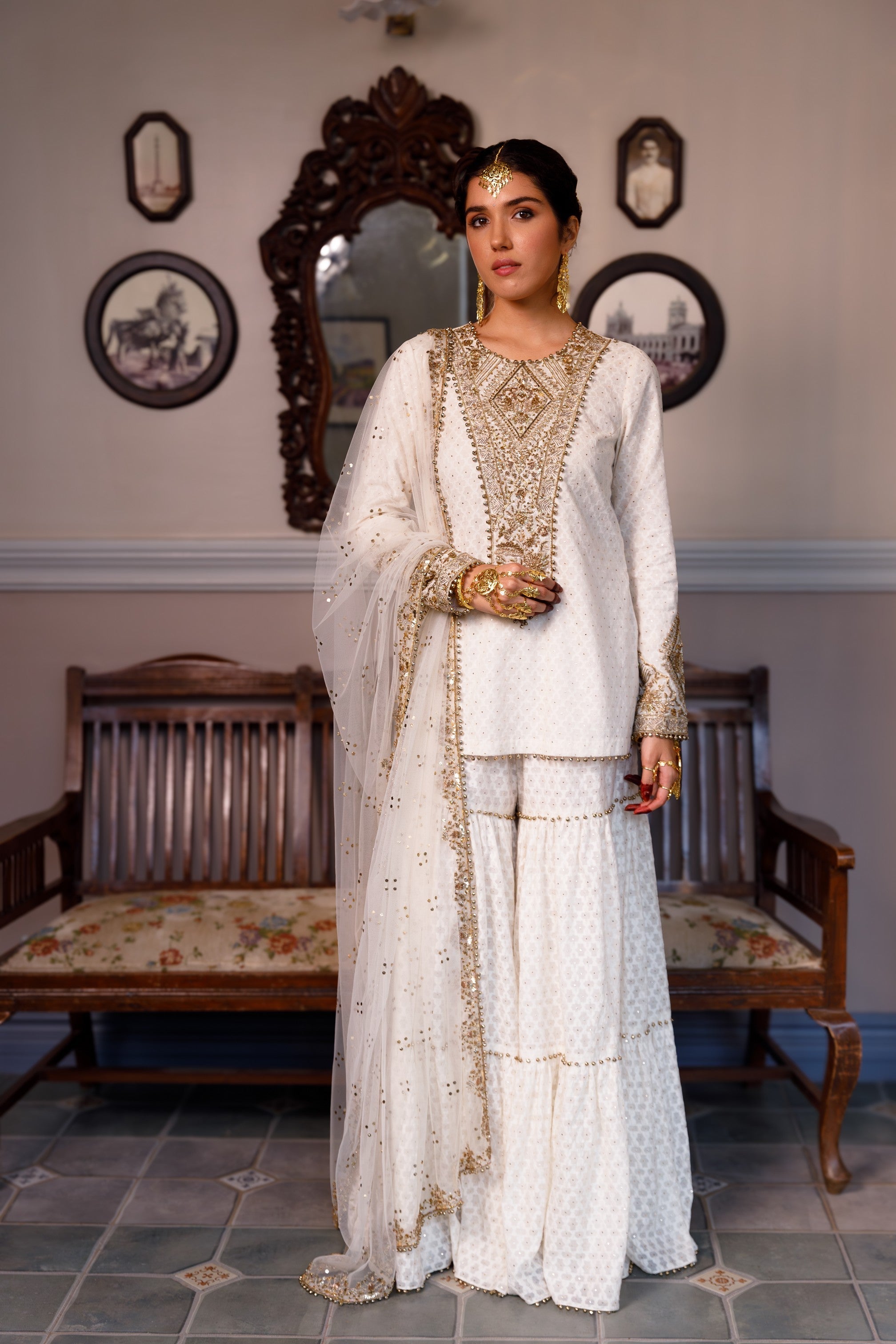 Shama Off White Embroidered Kurta With Frilled Sharara And Dupatta