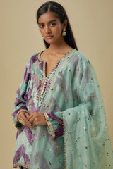 Mint Green And Purple Chevron Printed Embroidered Velvet Kurta With Embroidered Patiala Salwaar And Mukaish Organza Dupatta.