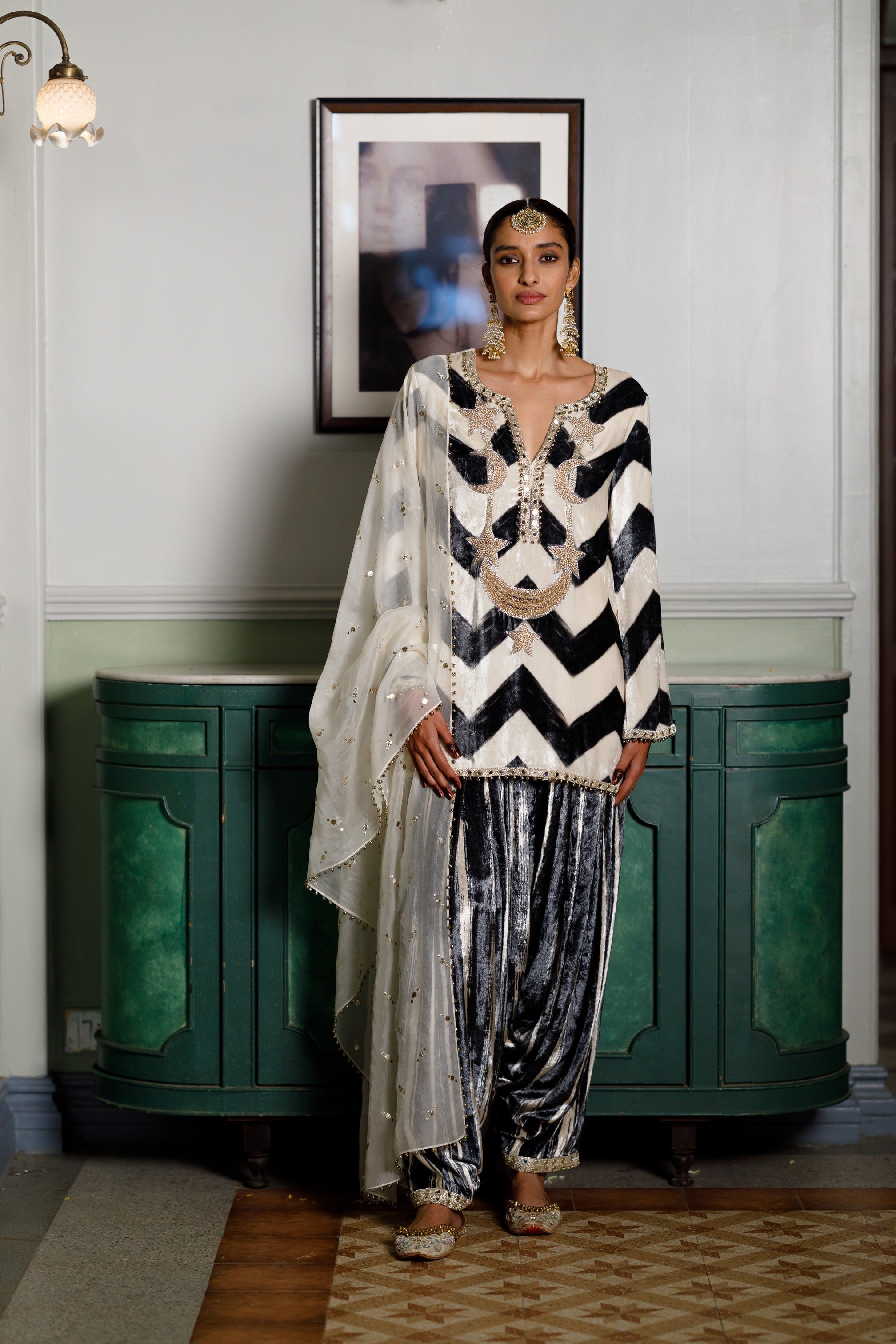 Asfi Black & White Embroidered Kurta And Patiala Salwar With Dupatta