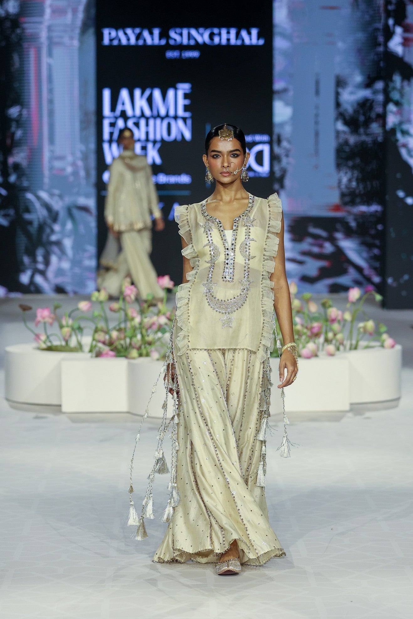 Fawzia Stone Embroidered Long Bib Yoke With Bustier And Sharara