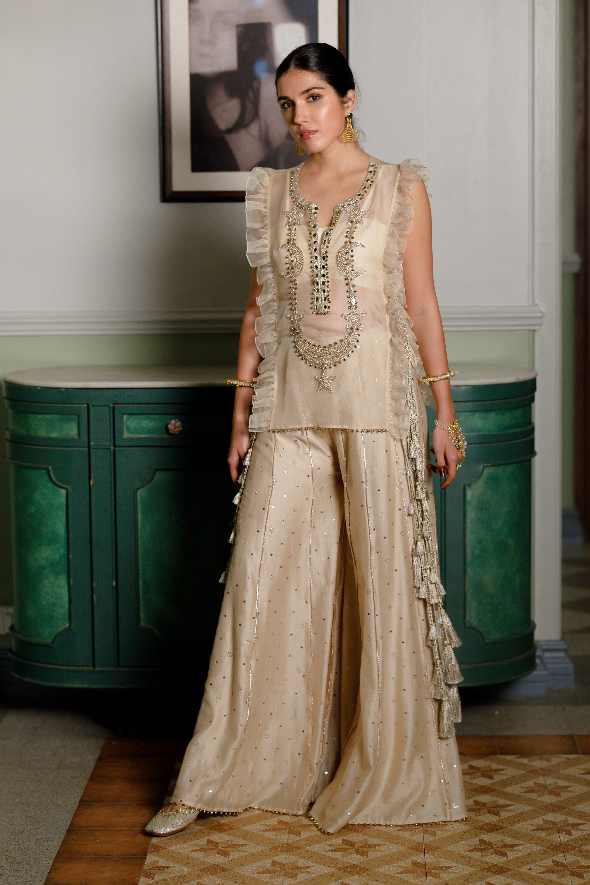 Fawzia Stone Embroidered Long Bib Yoke With Bustier And Sharara