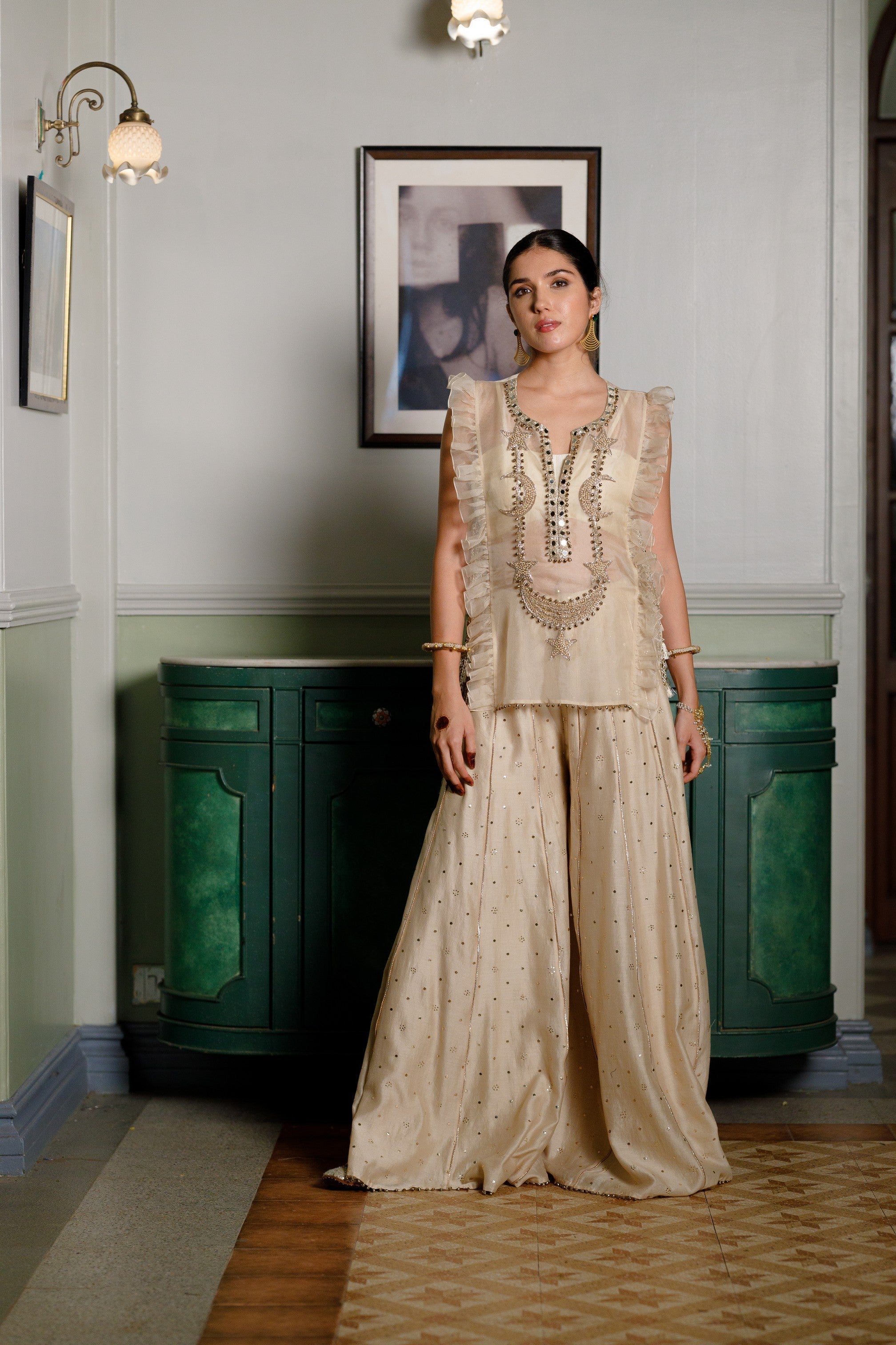 Fawzia Stone Embroidered Long Bib Yoke With Bustier And Sharara