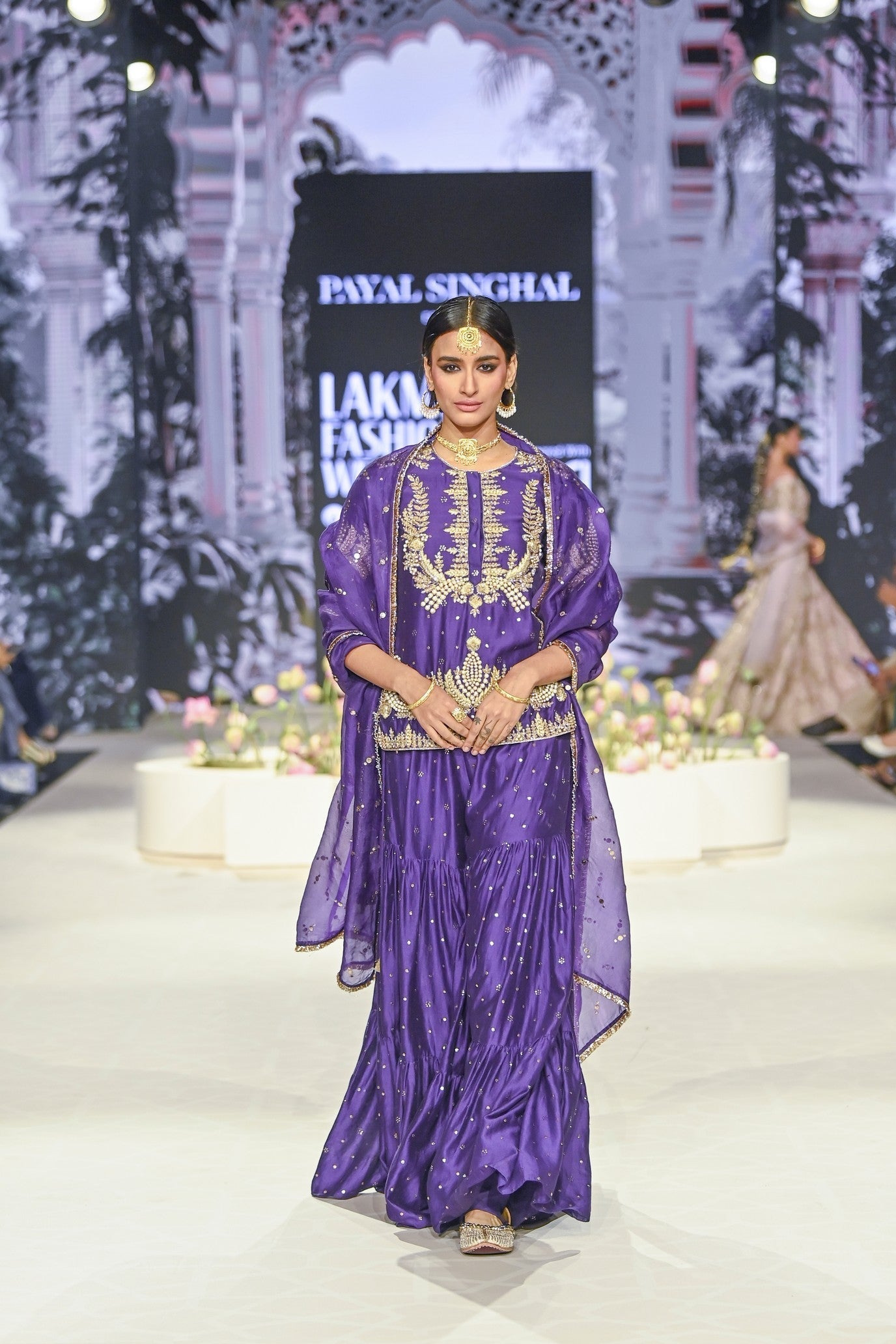 Fatima Purple Embroidered Kurta And Frill Sharara With Dupatta