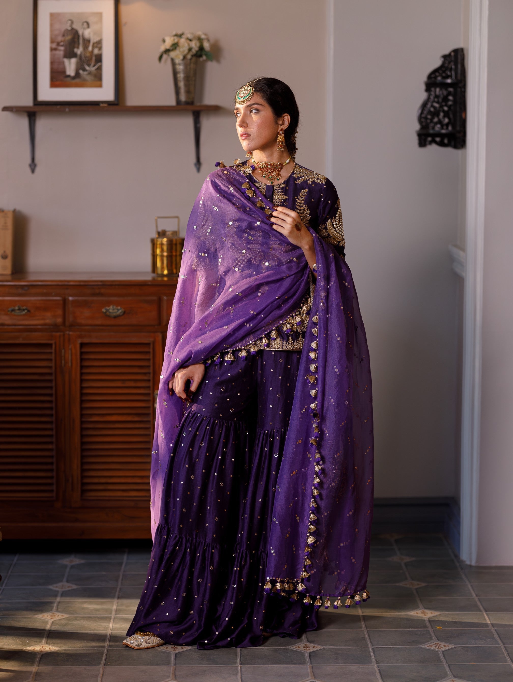 Fatima Purple Embroidered Kurta And Frill Sharara With Dupatta