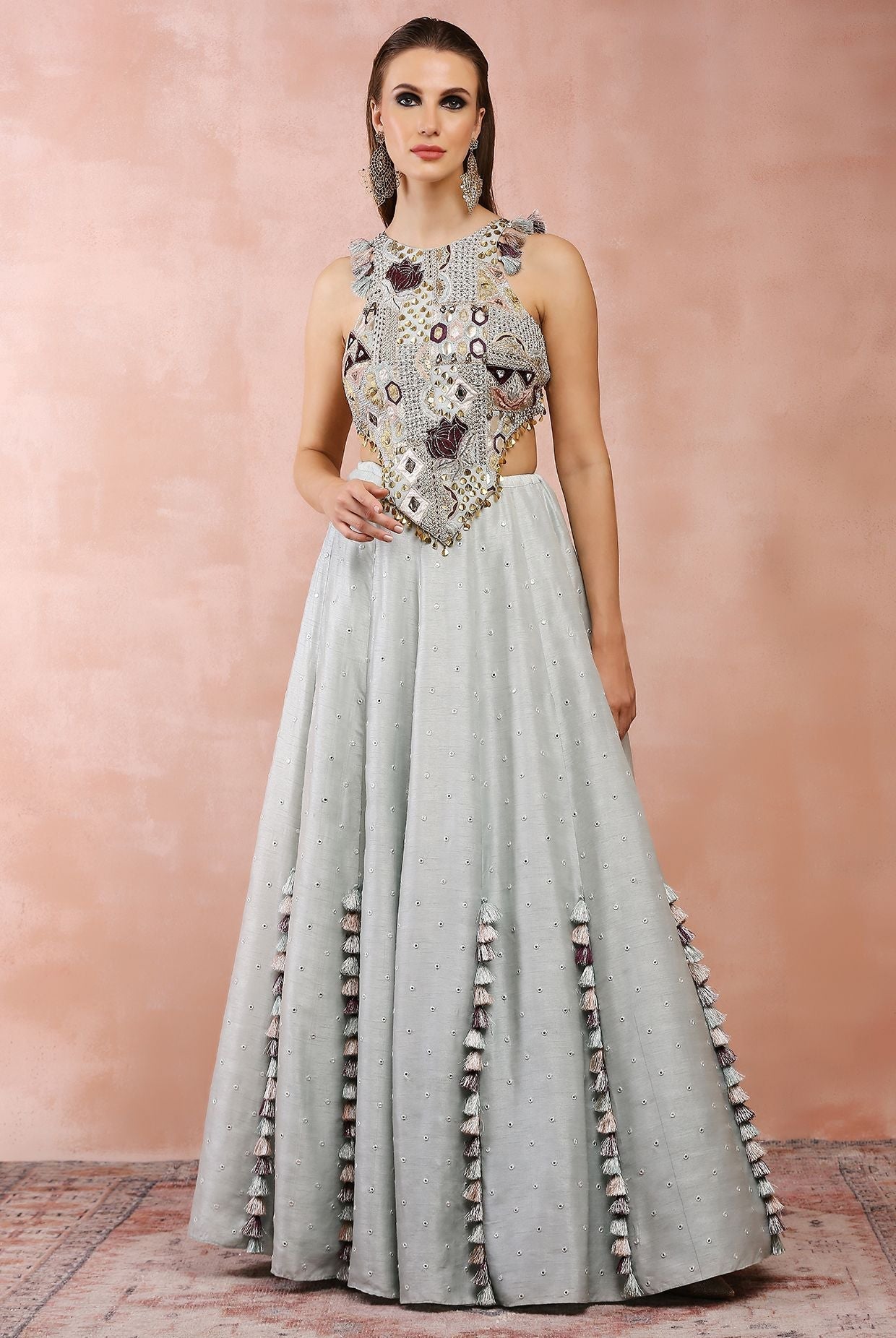 Powder blue applique embroidered choli with lehenga.