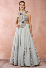 Powder blue applique embroidered choli with lehenga.