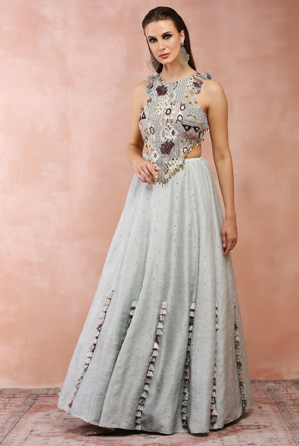 Powder blue applique embroidered choli with lehenga.