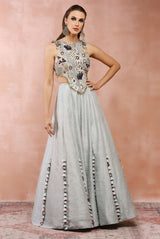 Powder blue applique embroidered choli with lehenga.