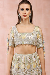 OFF WHITE APPLIQUE EMBROIDERED CHOLI AND LEHENGA WITH DUPATTA
