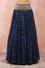NAVY EMBROIDERED CHOLI AND CUTWORK BELT LEHENGA WITH DUPATTA