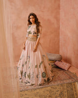 Rose pink niloufar print embroidered choli and lehenga with belt and dupatta