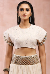 CREAM TOP WITH EMBROIDERED BELT LEHENGA AND DUPATTA