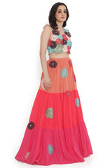 Off-White Embroidered Choli With Multi Colour Layered Lehenga.