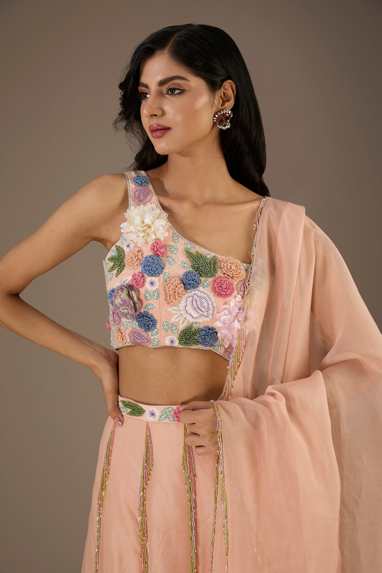 Rose Pink Embroidred One Shoulder Choli With Embroidred Belt Lehenga With Dupatta