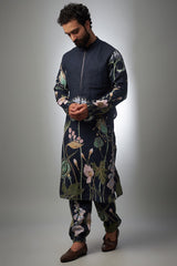 Navy Printed Linen Bomber Kurta With Jogger Pant