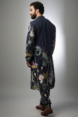 Navy Printed Linen Bomber Kurta With Jogger Pant