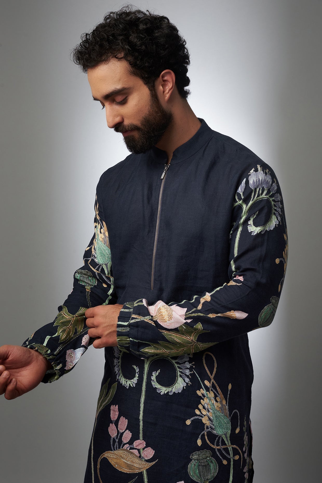 Navy Printed Linen Bomber Kurta With Jogger Pant
