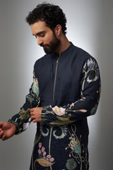 Navy Printed Linen Bomber Kurta With Jogger Pant