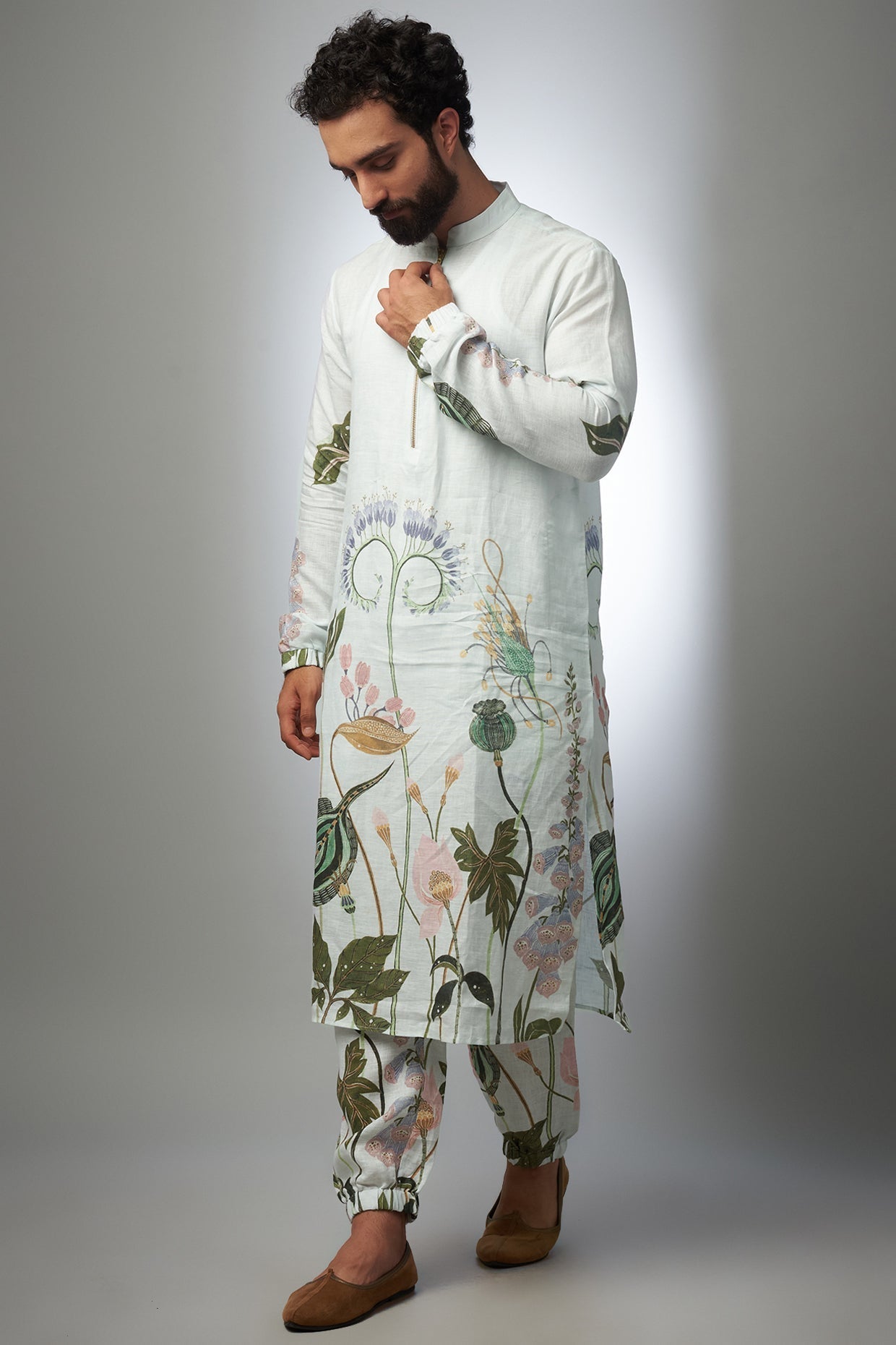 White Printed Linen Bomber Kurta With Jogger Pant