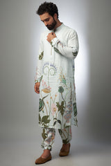 White Printed Linen Bomber Kurta With Jogger Pant