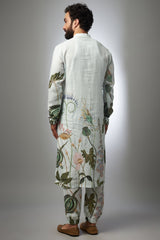 White Printed Linen Bomber Kurta With Jogger Pant