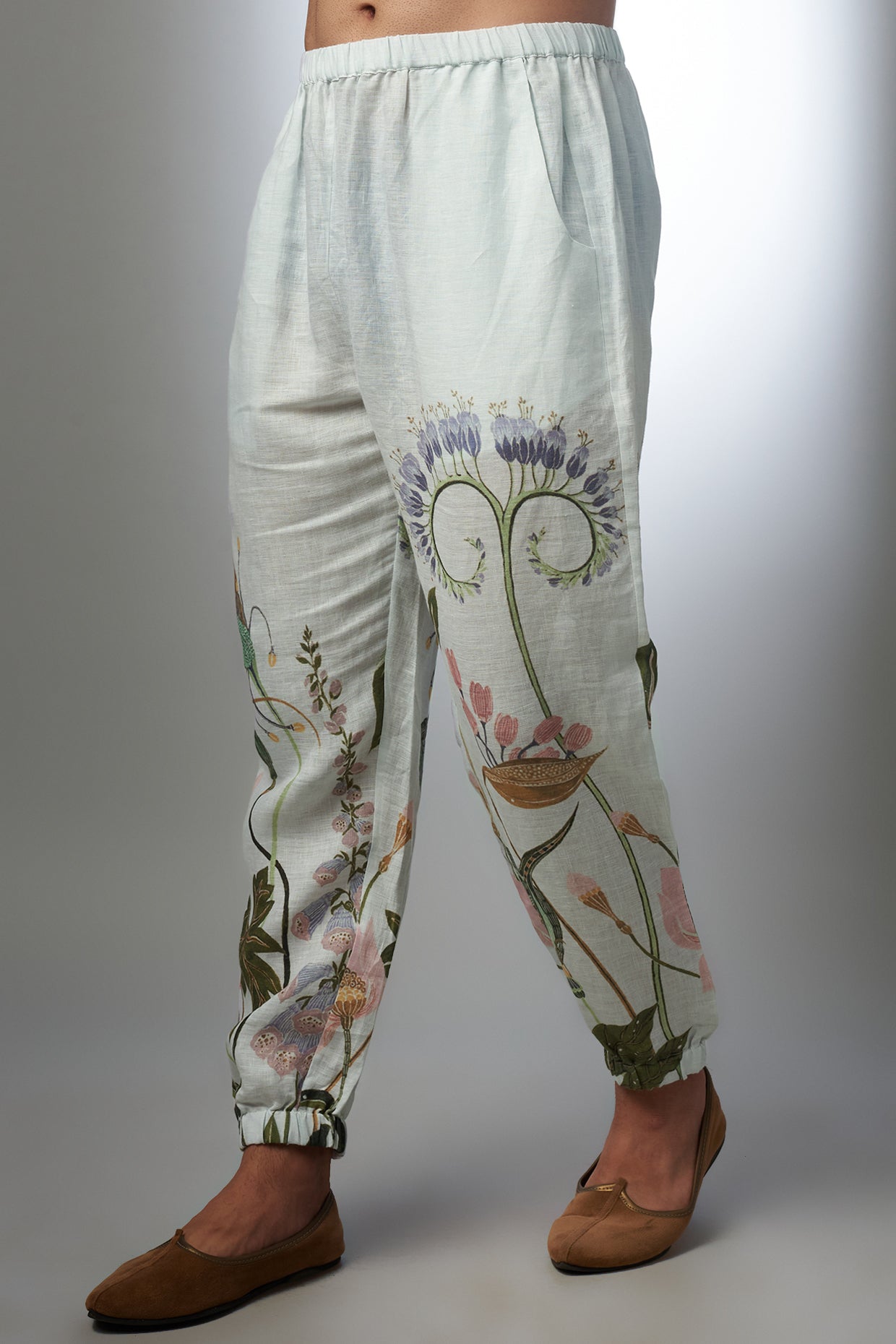 White Printed Linen Bomber Kurta With Jogger Pant