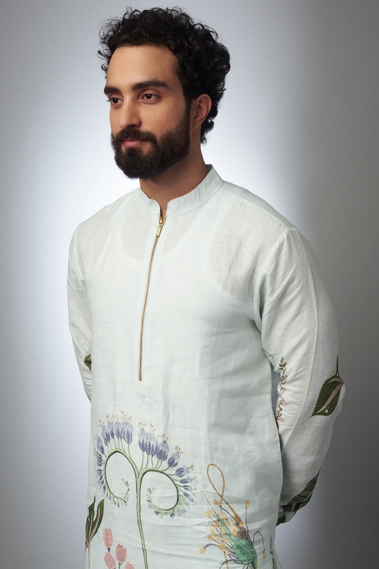 White Printed Linen Bomber Kurta With Jogger Pant