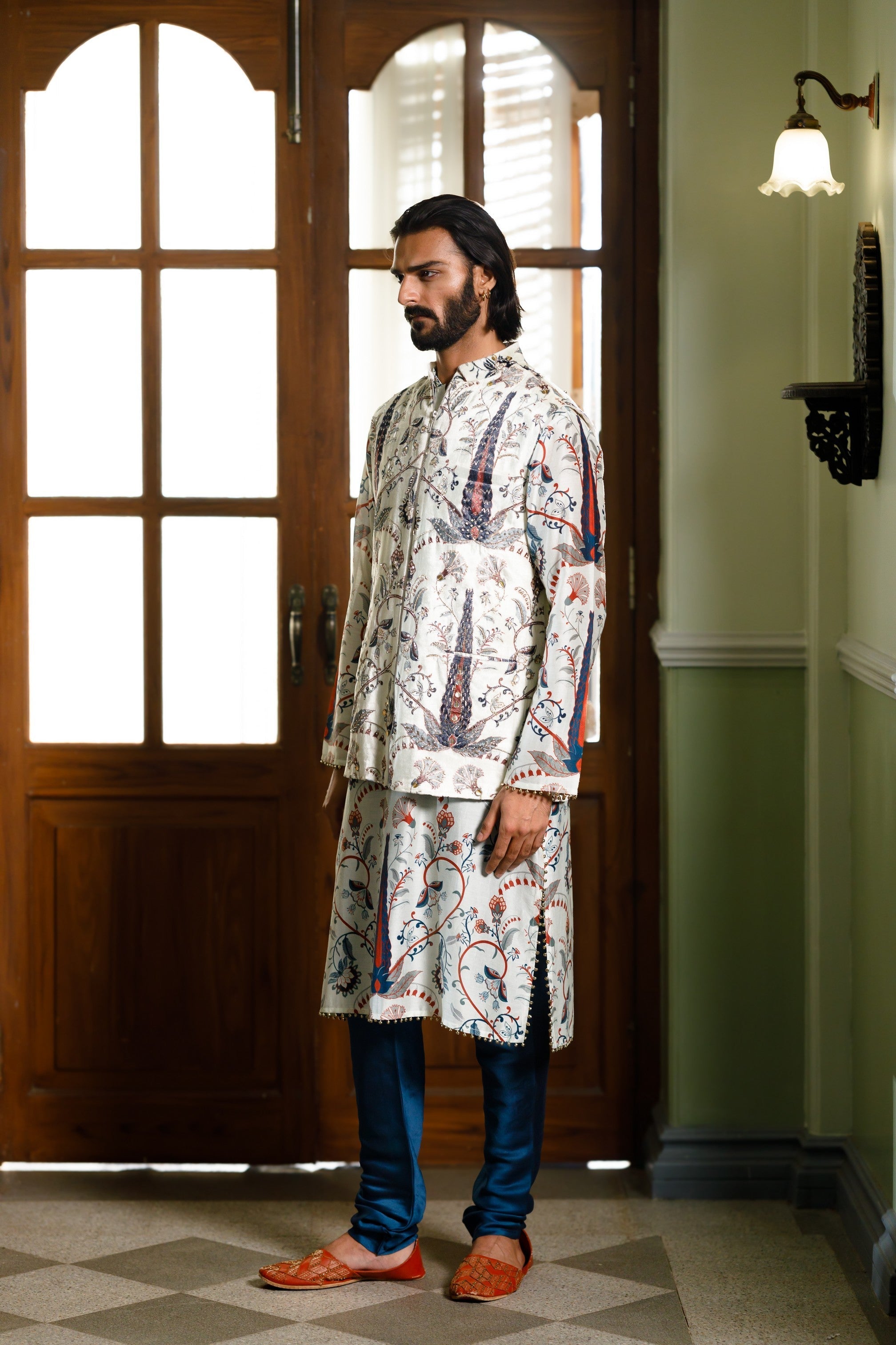 Blue Embroidered Forest Whisper Printed Bandi And Printed Kurta With Churidar