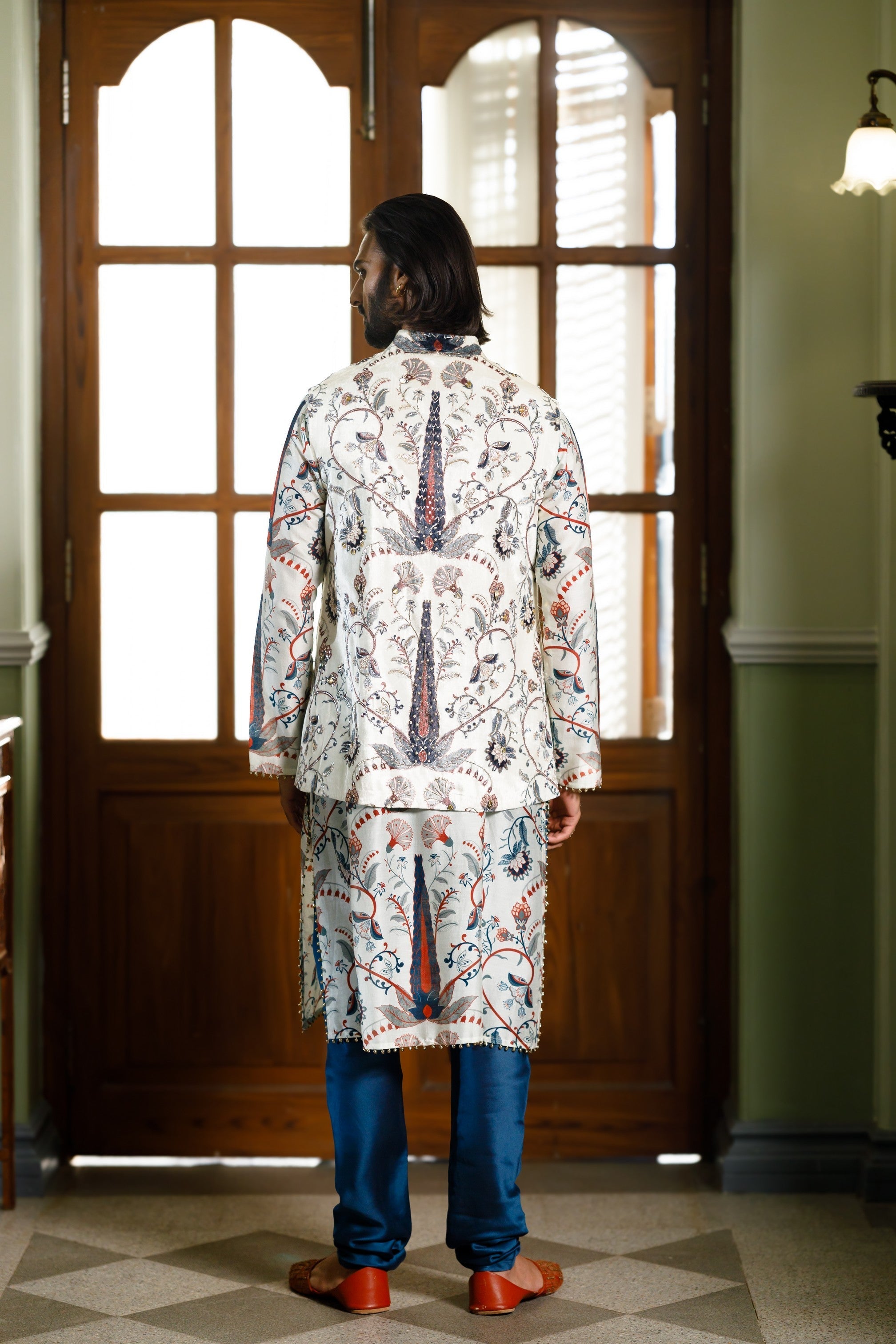 Blue Embroidered Forest Whisper Printed Bandi And Printed Kurta With Churidar